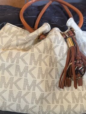 Michael Kors Cream Signature MK Canvas Tote with Brown Leather Accents